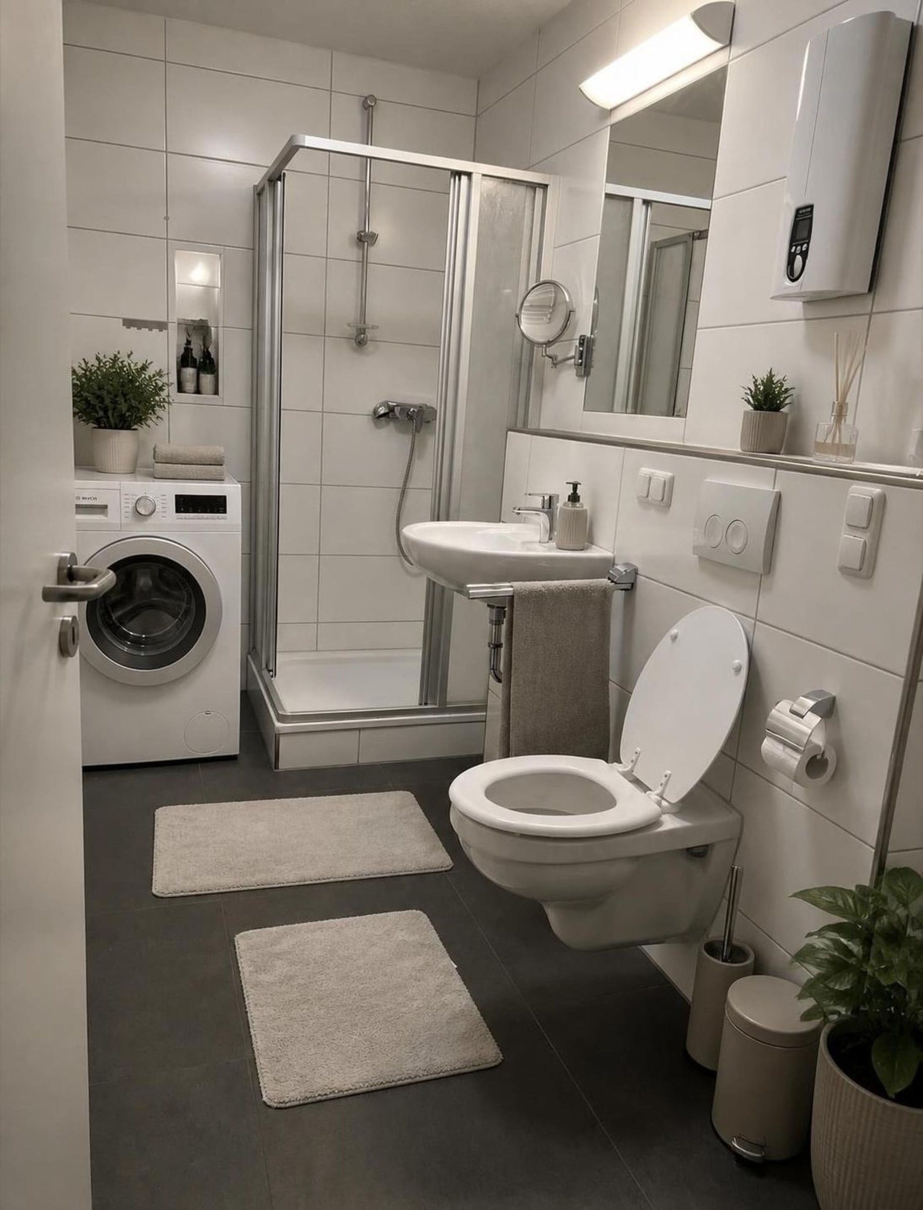 Badezimmer mit Dusche und Waschmaschine